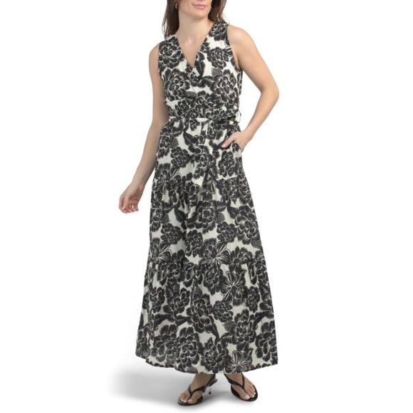 BLUE NAVY White/black Made In Italy Sleeveless Floral Maxi Dress - Picture 1 of 2